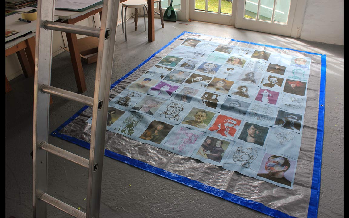 Shop Towel Self Portraits - Inkjet printed blue shop towel sheets on tarpaulin - 2016