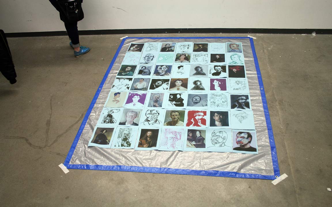 Shop Towel Self Portraits - Inkjet printed blue shop towel sheets on tarpaulin - 2016